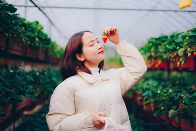 身穿白色长袖衬衫、手持红花的女子